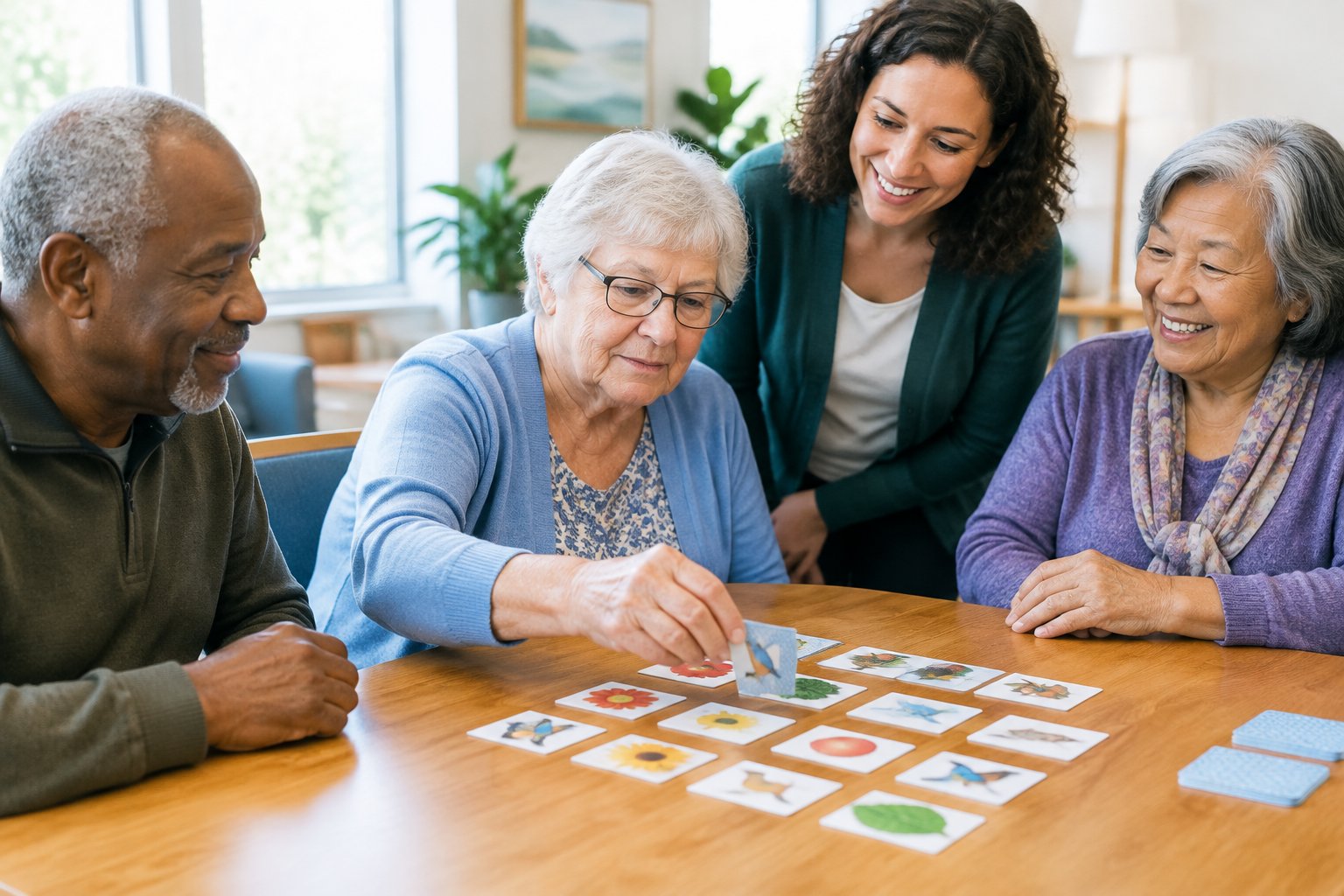 Seniorinnen und Senioren lösen gemeinsam ein Gedächtnisspiel an einem Tisch.
